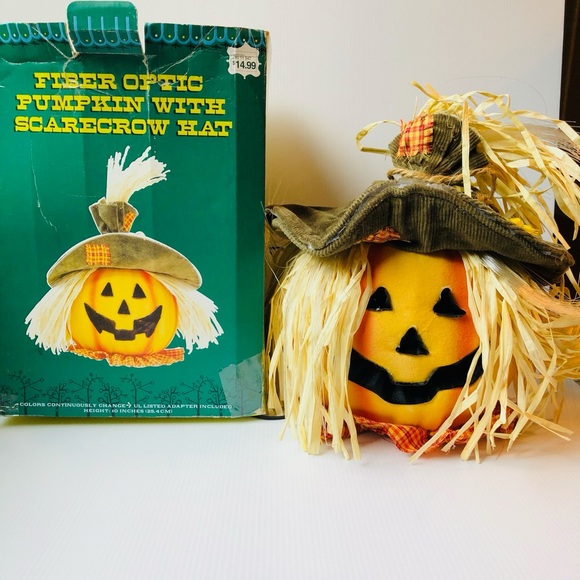 Fiber Optic Jack O Lantern Pumpkin Head Scarecrow Color Changing Halloween - Picture 1 of 13